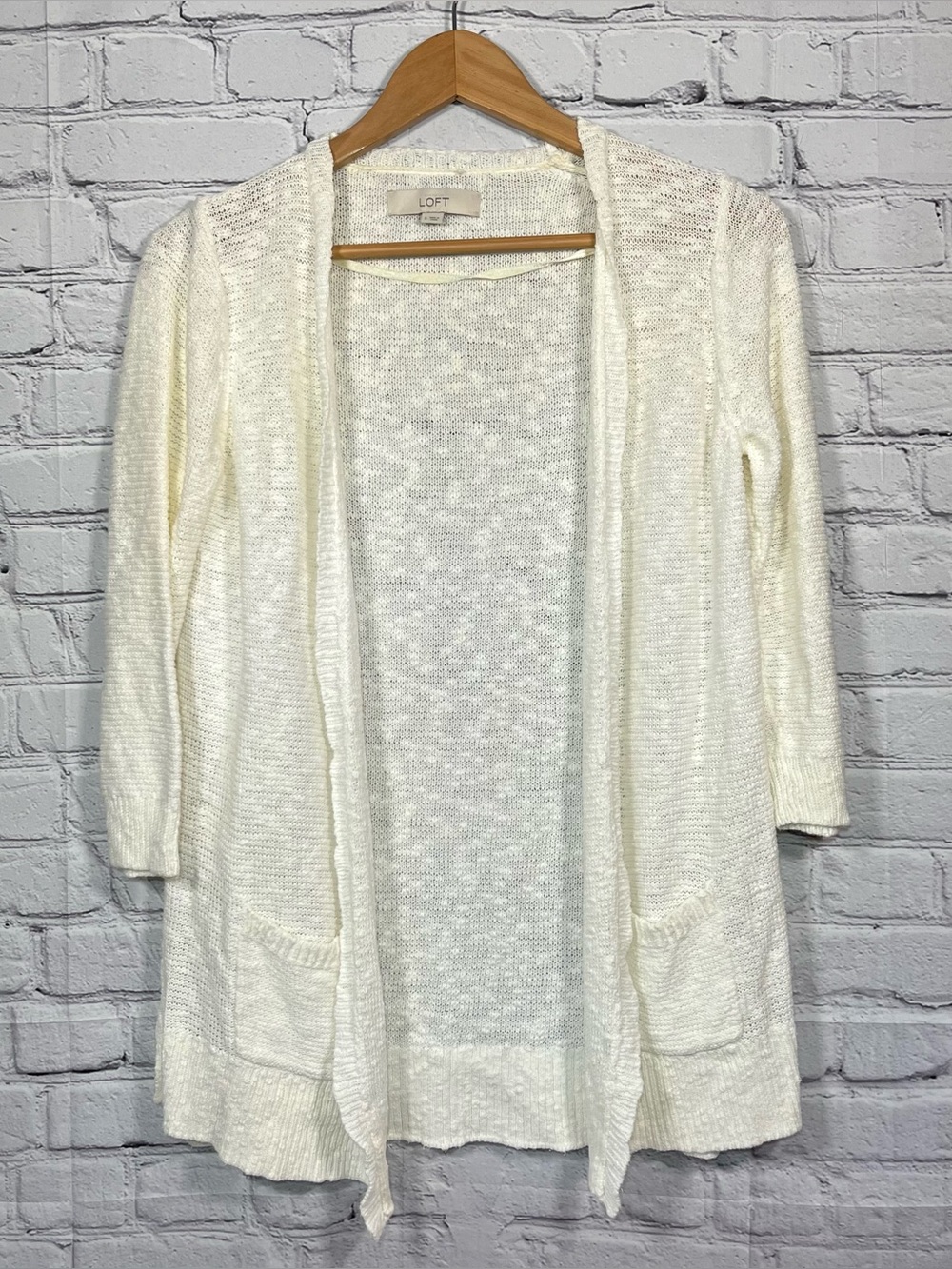 Ann Taylor Loft Linen Open Cardigan Sweater Womens Size Small Ivory Long Sleeve
